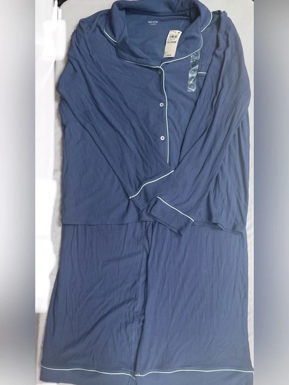 State of Day Ribbed Notched-Collar Button Down Periwinkle Blue PJ’s Set Size XL